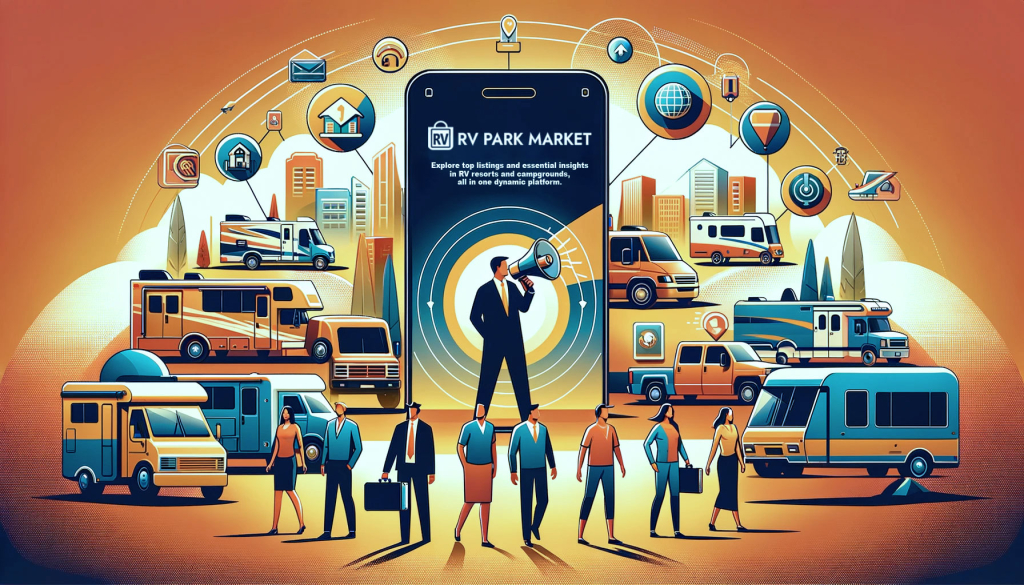 Illustration of diverse recreational vehicles and tech-savvy people symbolizing the innovative RV Park Market platform in 'A New Era in Commercial Recreational Vehicle Property Transactions' article.