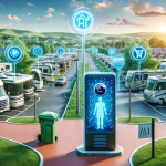 Modern RV park integrating AI technologies, featuring a security camera, digital kiosk, energy-efficient lighting, and smart waste system amidst RVs and greenery.
