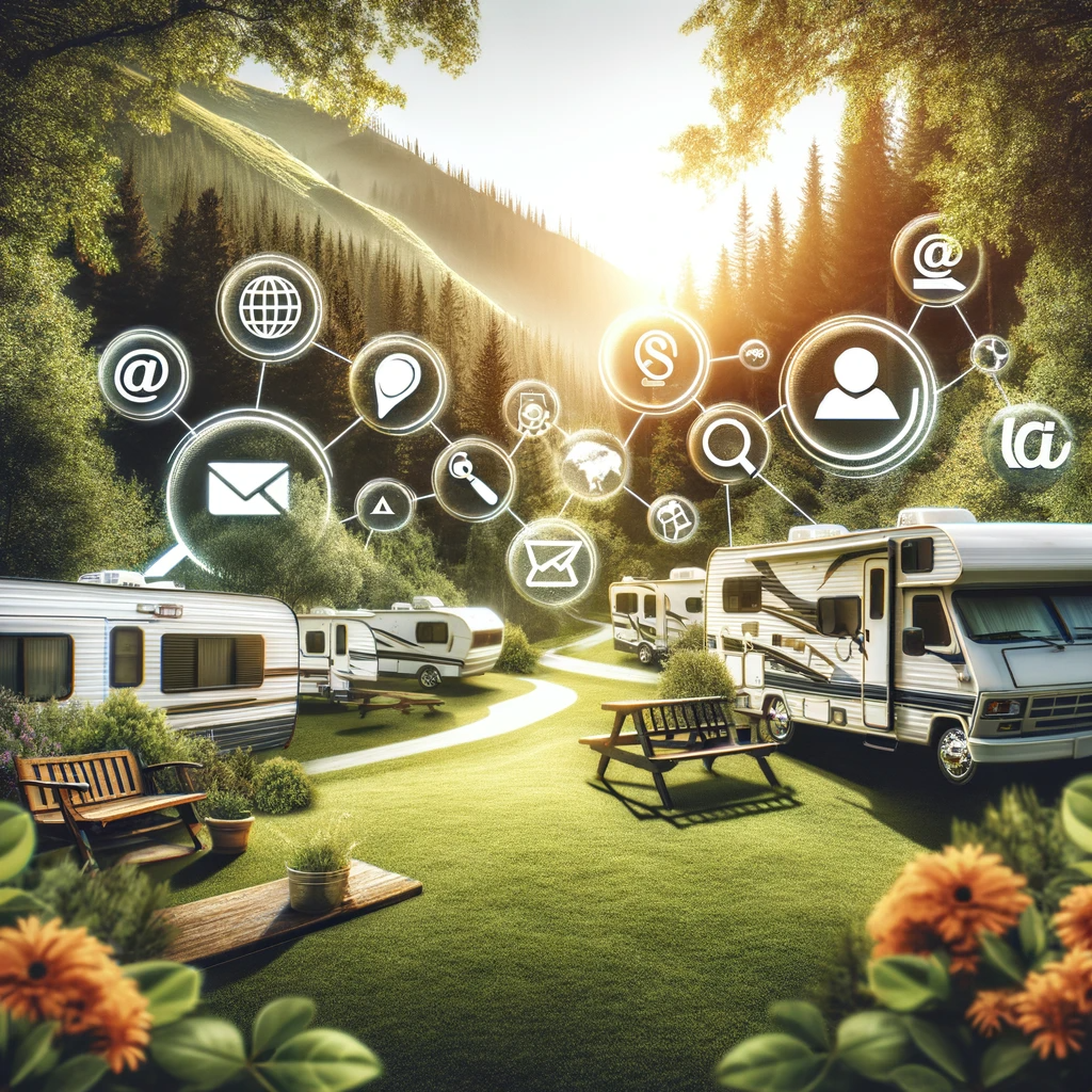 Digital marketing tools overlaying a scenic RV park setting, symbolizing the integration of online marketing strategies in the RV industry