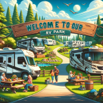 Families enjoying their time in a lush green RV park with multiple RVs, clear blue sky, and a welcoming entrance sign.