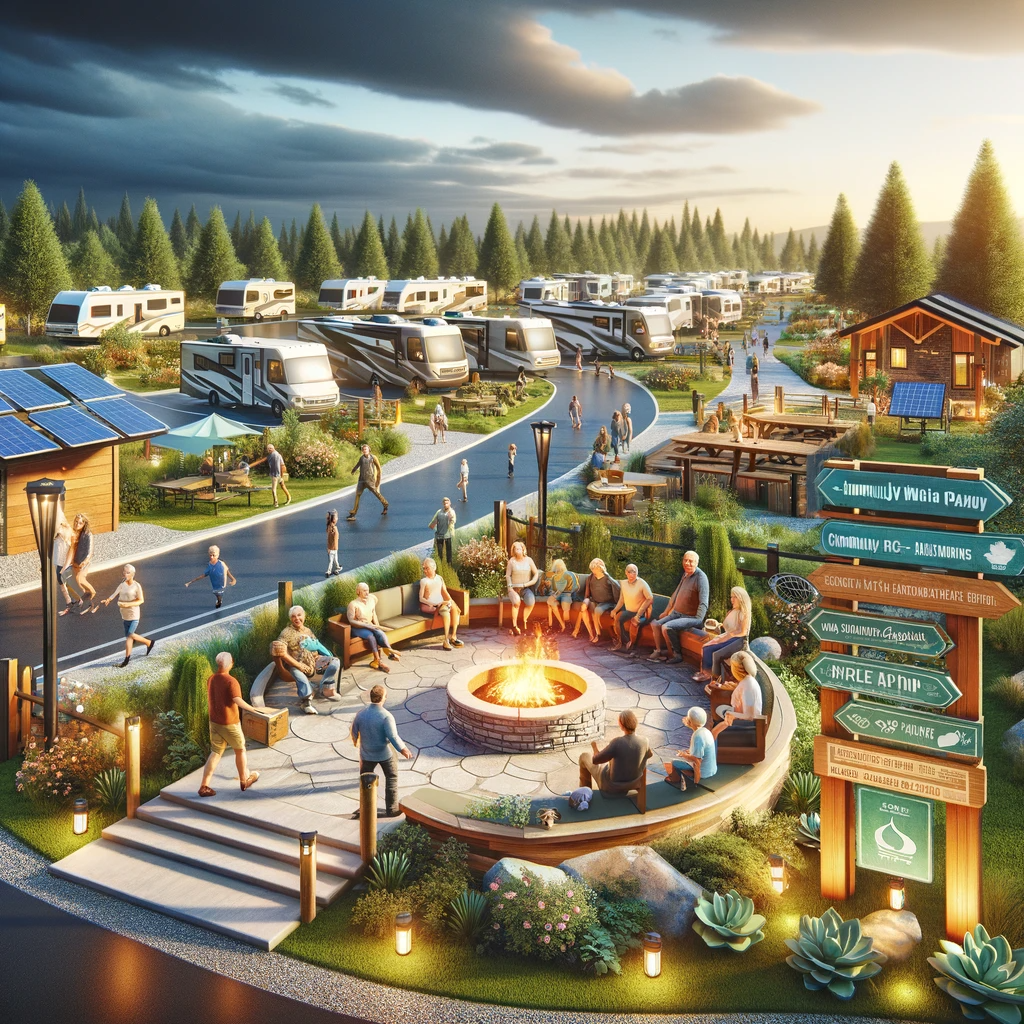 A vibrant RV park scene showing diverse groups of people gathered around a safe and inviting communal fire pit area, with handcrafted signposts and eco-friendly solar-powered lighting in the background.