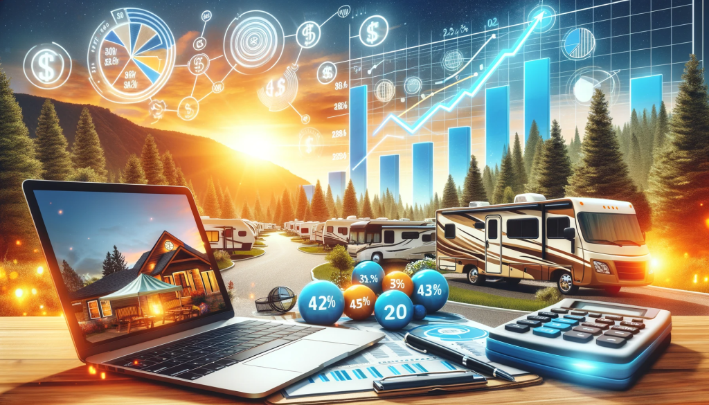 Featured image for 'Maximizing Revenue and Financial Management for RV Park and Campground Owners' article, depicting a scenic campground with RVs, financial growth graphs, and management tools.