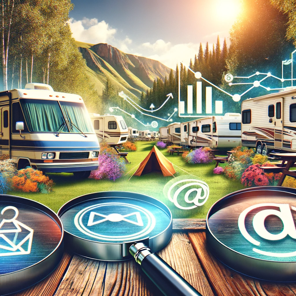 Scenic RV park landscape blended with digital marketing icons representing SEO, social media, email marketing, and analytics.