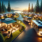 Peaceful RV park at dusk with diverse RV setups, highlighting both short-term and long-term stays amidst nature.