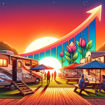 Scenic view of an RV park at sunset with parked RVs, people enjoying outdoor activities, and a sky painted with warm hues of the setting sun.